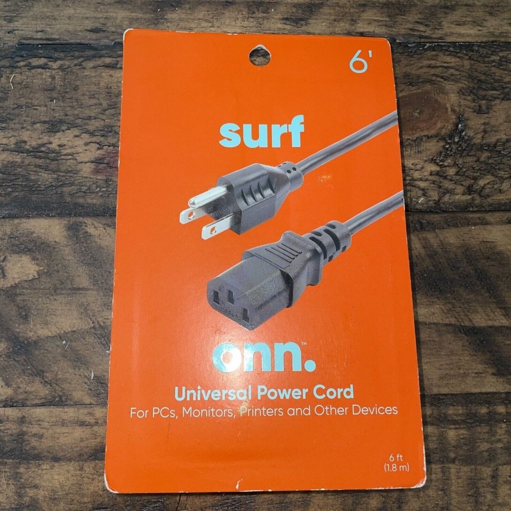 Onn Universal Power Cord 6’ Black For Monitors, PC’s, Printers, Etc 6 Ft